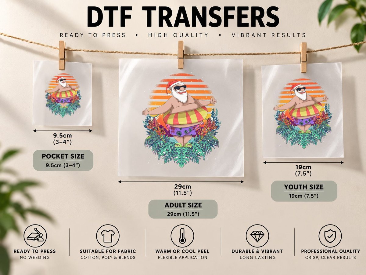 Tropical Hawaiian Summer Funny Santa Claus Christmas in DTF Transfer Iron On