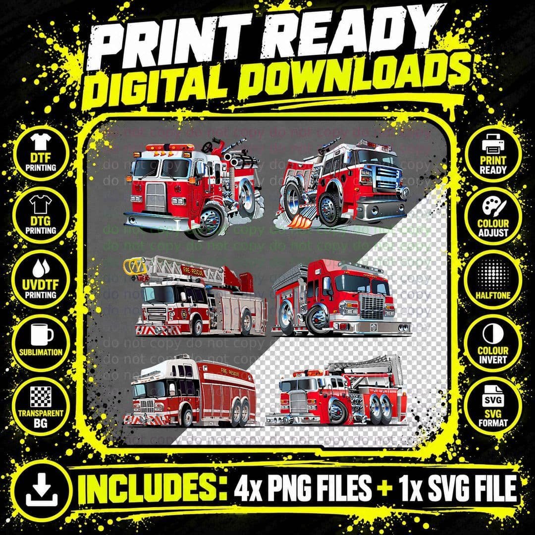 Types of Fire Truck Boy Toddler Kids Firefighter Xmas Png SVG Digital Bundle