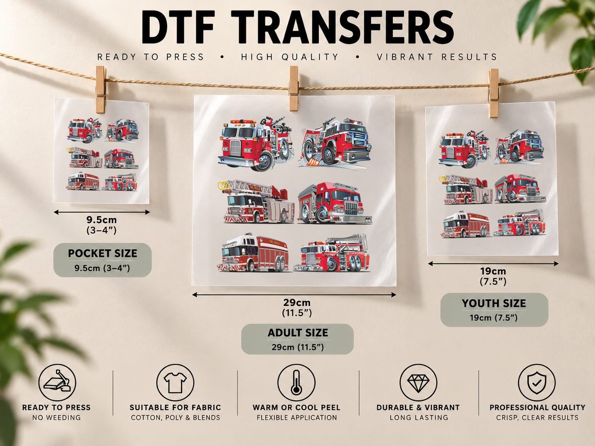Types of Fire Truck Boy Toddler Kids Firefighter Xmas DTF Transfer Iron On