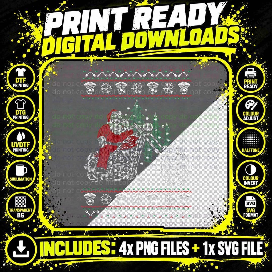 Ugly Christmas Biker Santa on Motorcycle T-Shirt Png SVG Digital Bundle