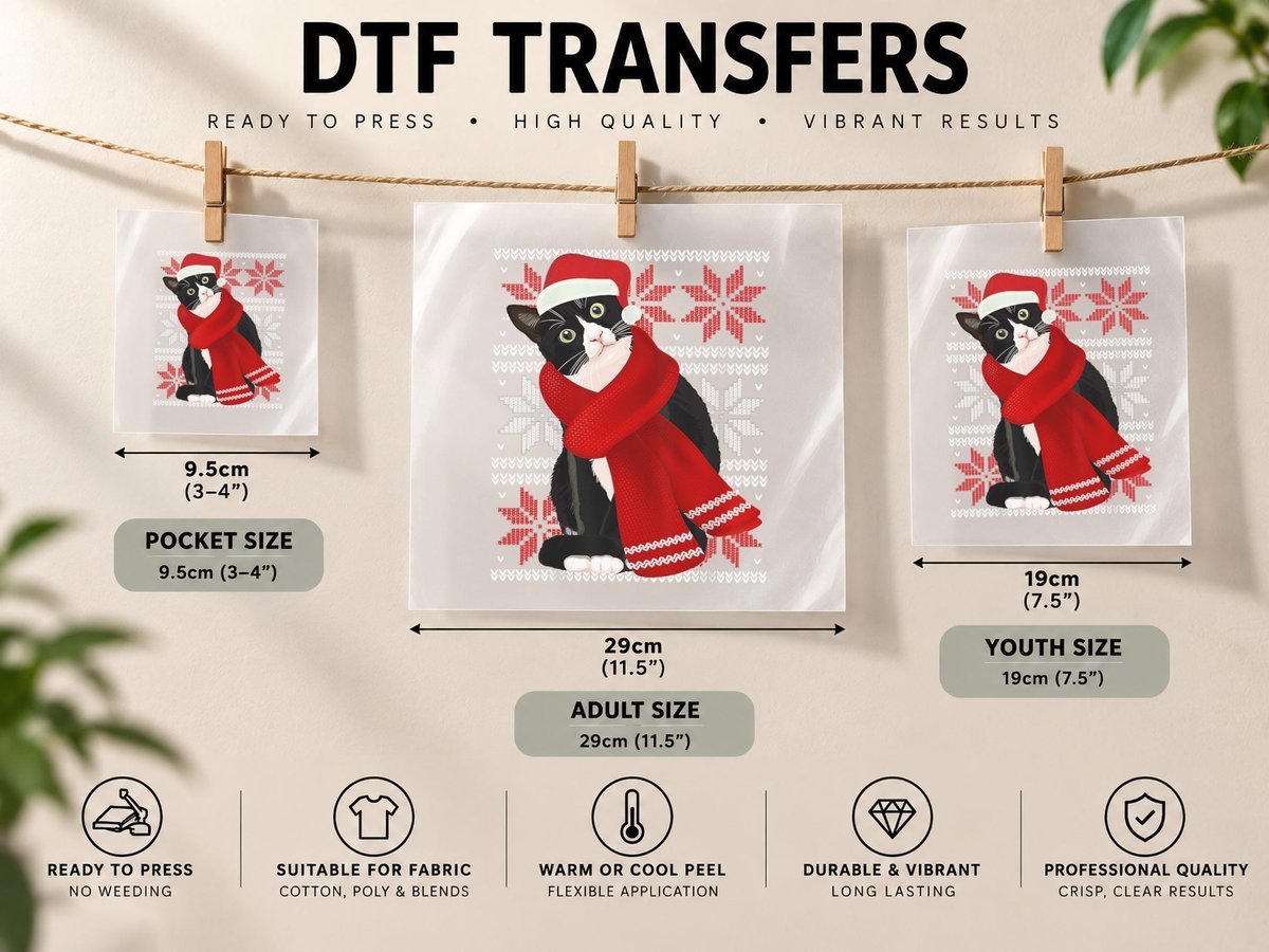Ugly Christmas Black Cat Santa Hat Scarf Holiday Cute DTF Transfer Iron On