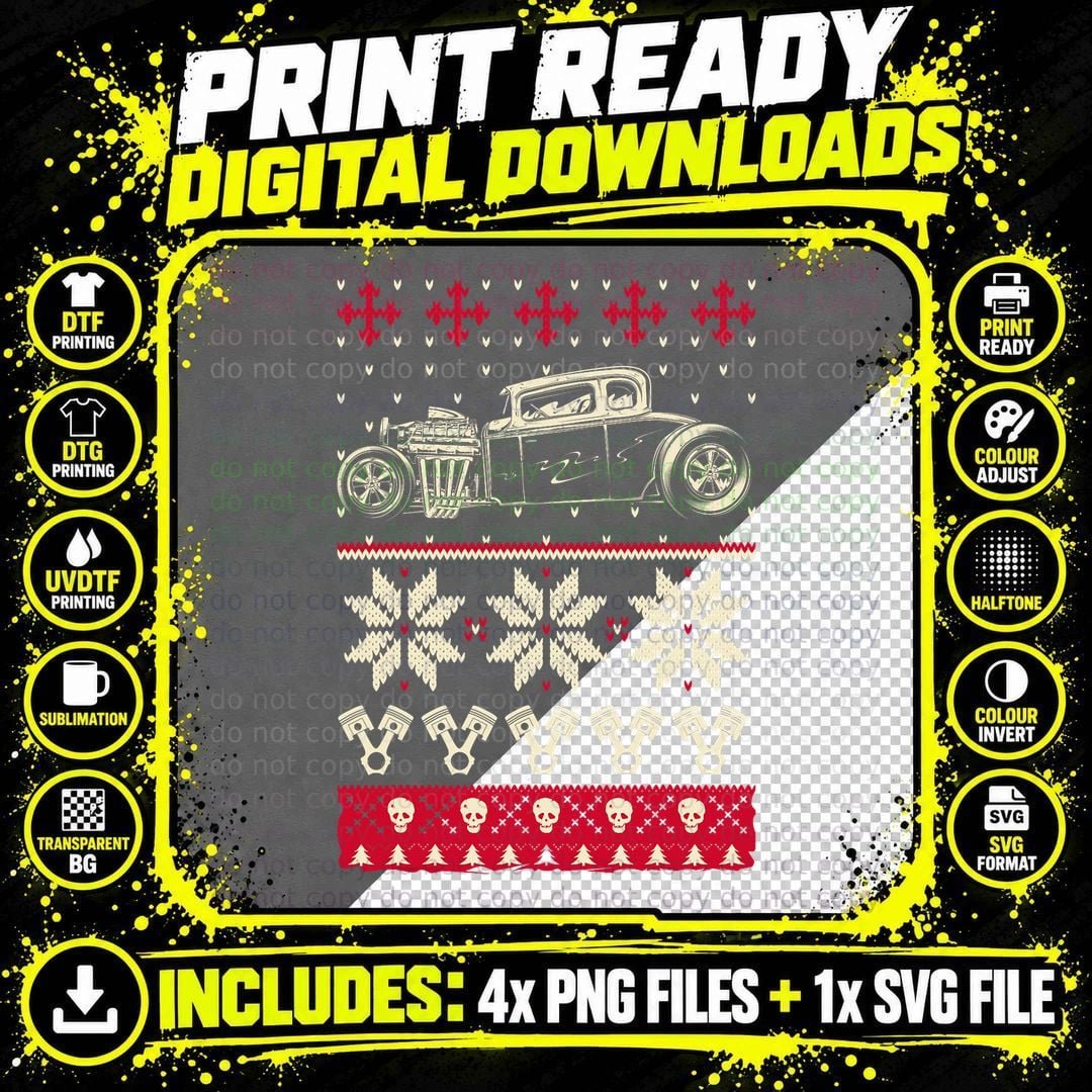 Ugly Hot Rod Christmas Sweater T-Shirt Png SVG Digital Bundle