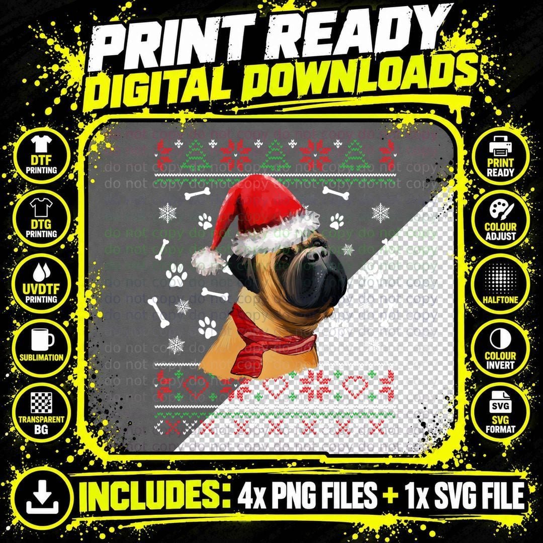 Ugly Sweater Christmas Bullmastiff Dog Santa Hat Pajama Png SVG Digital Bundle