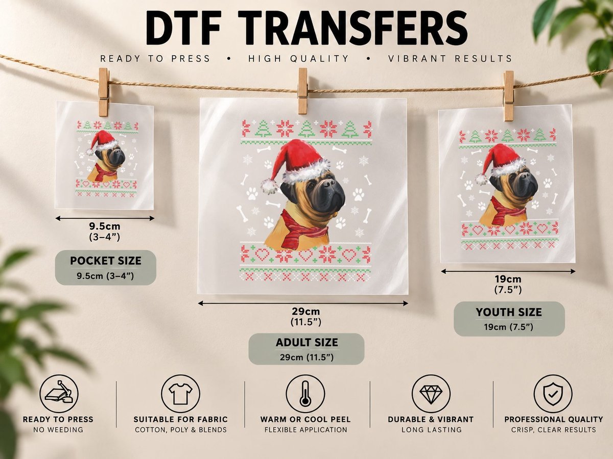 Ugly Christmas Bullmastiff Dog Santa Hat Pajama Xmas DTF Transfer Iron On