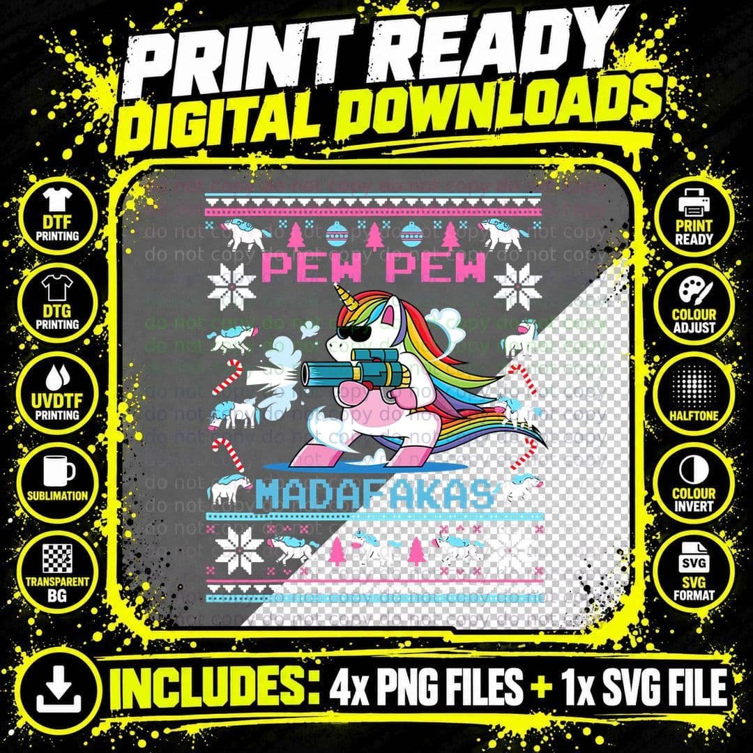 Unicorn Pew Pew Madafakas Ugly Christmas Sweater T-Shirt Png SVG Digital Bundle