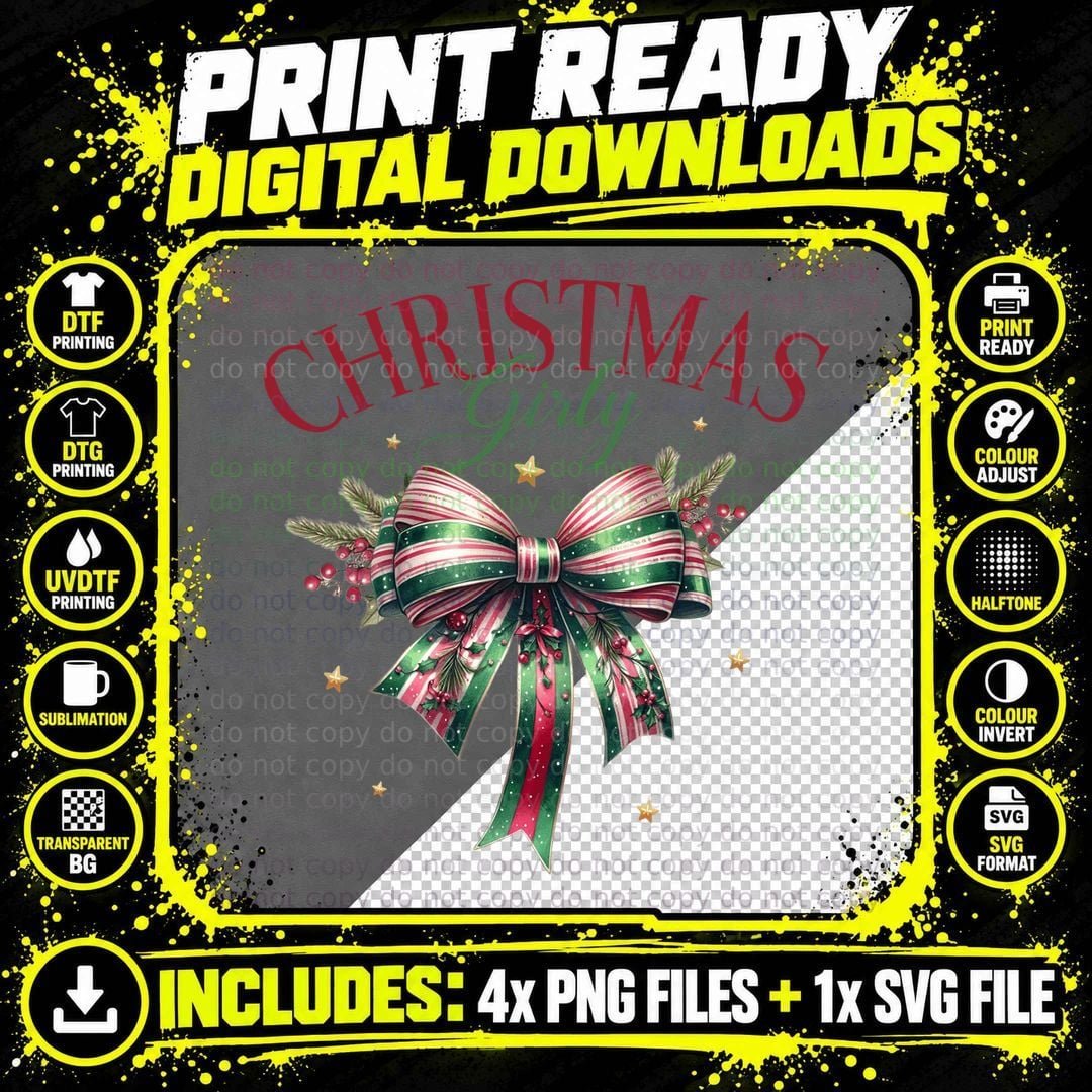 Vintage Christmas Bow with Holly and Berries Retro Png SVG Digital Bundle