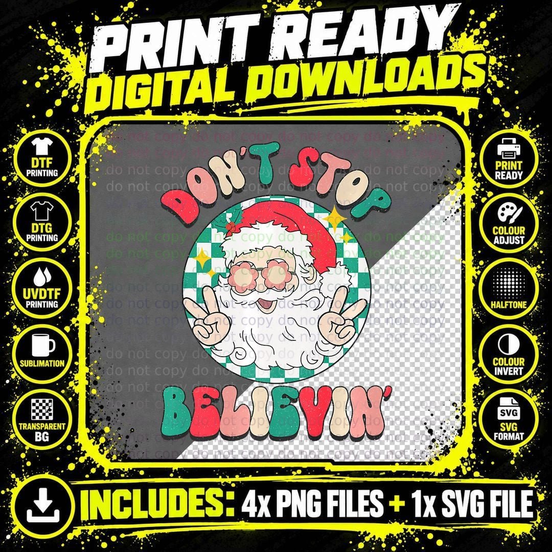 Vintage Christmas Santa Baby Don't Stop Believing Xmas Png SVG Digital Bundle