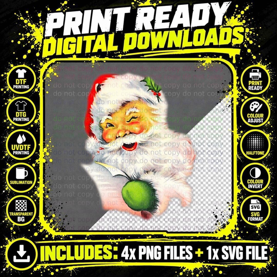 Vintage Christmas Santa Winking Illustration T-Shirt Png SVG Digital Bundle