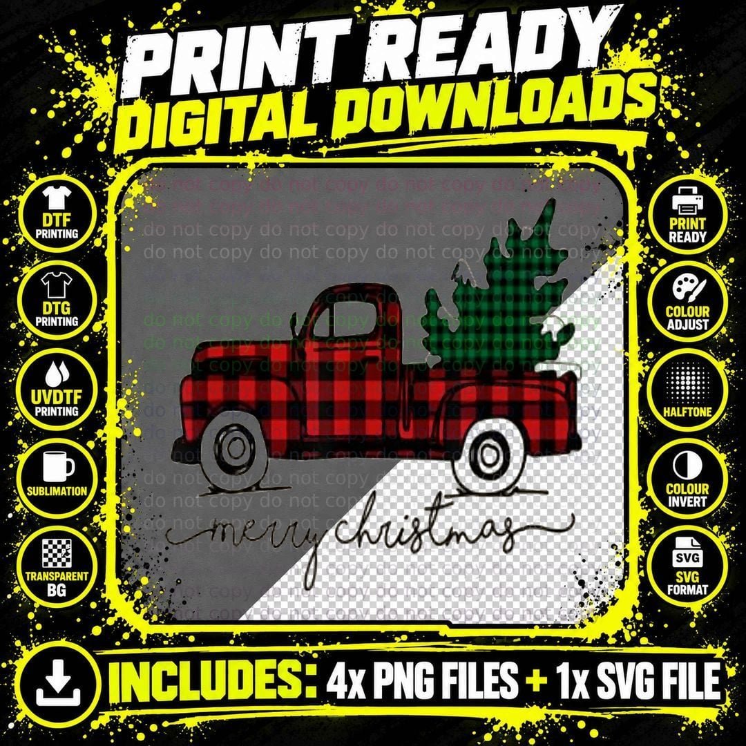 Vintage Christmas Tree - Tree on Truck Xmas Red Plaid Png SVG Digital Bundle