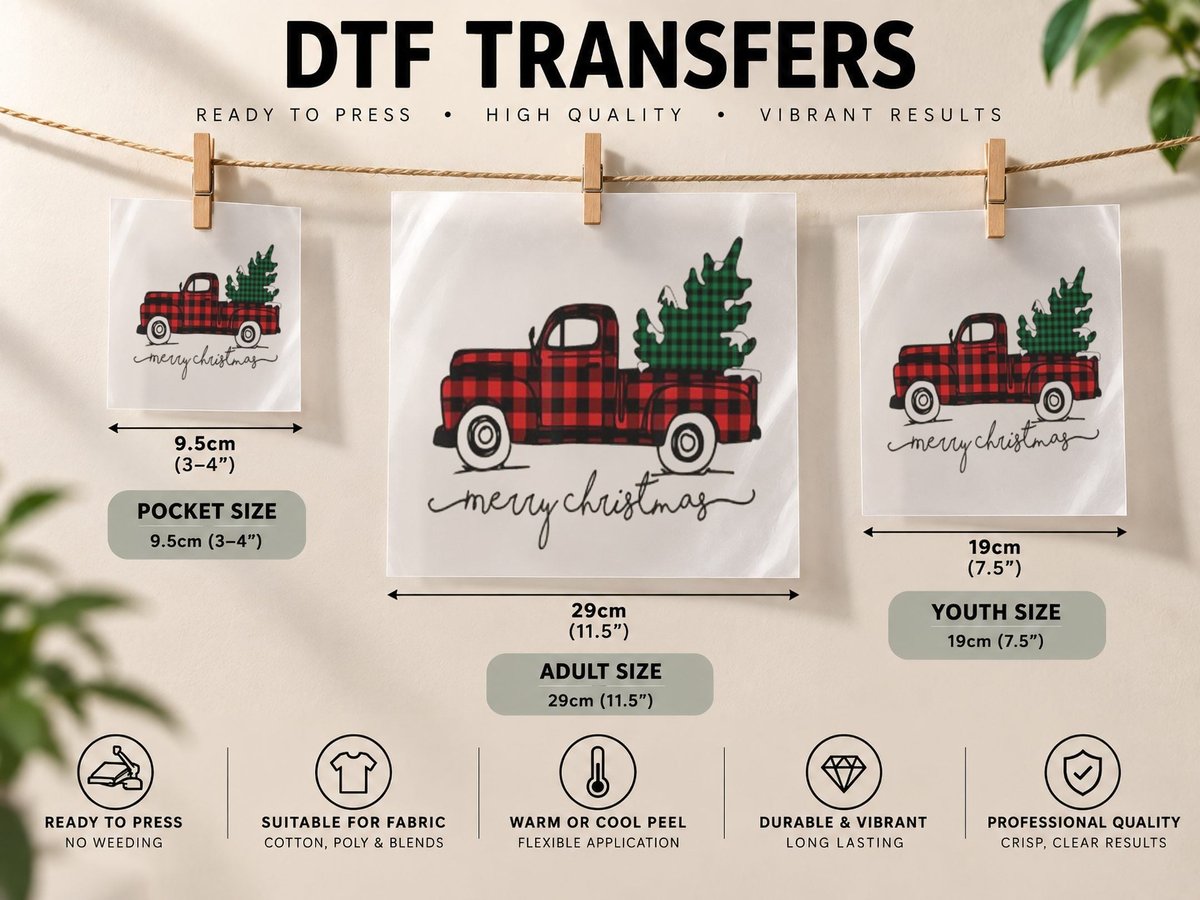 Vintage Christmas Tree - Tree on Truck Xmas Red Plaid Car DTF Transfer Iron On