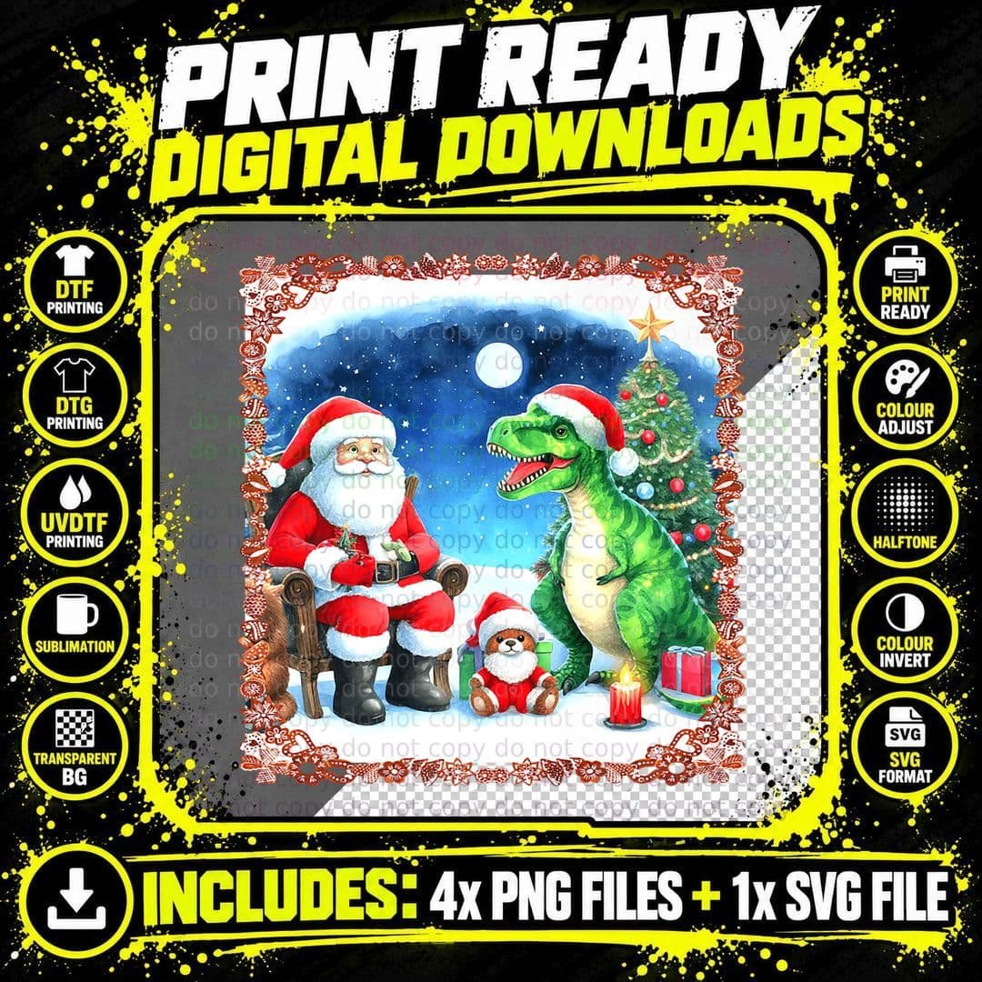 Vintage Christmas Tyrannosaurus Rex Santa Ugly Christmas Png SVG Digital Bundle