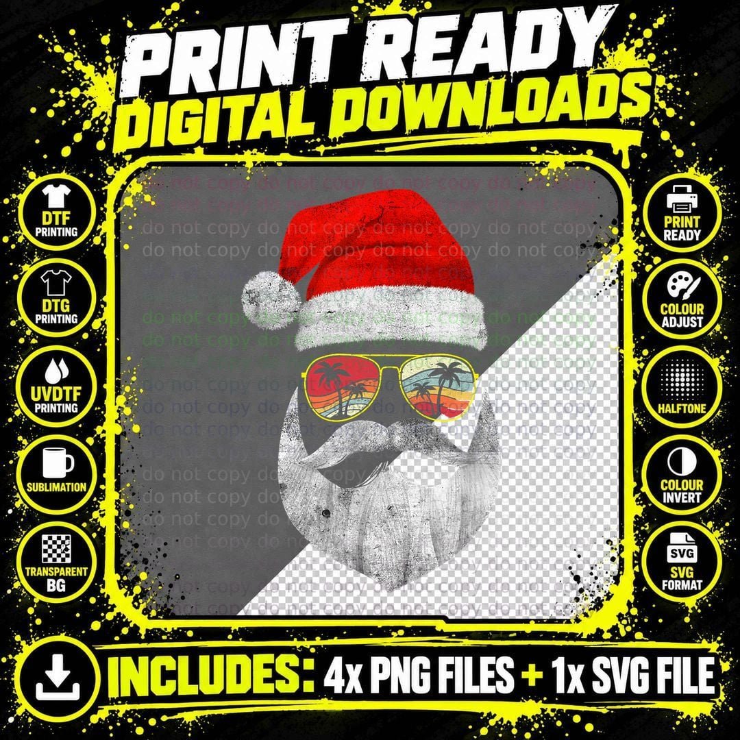 Vintage Christmas in July Santa Face Sunglasses Hat Png SVG Digital Bundle