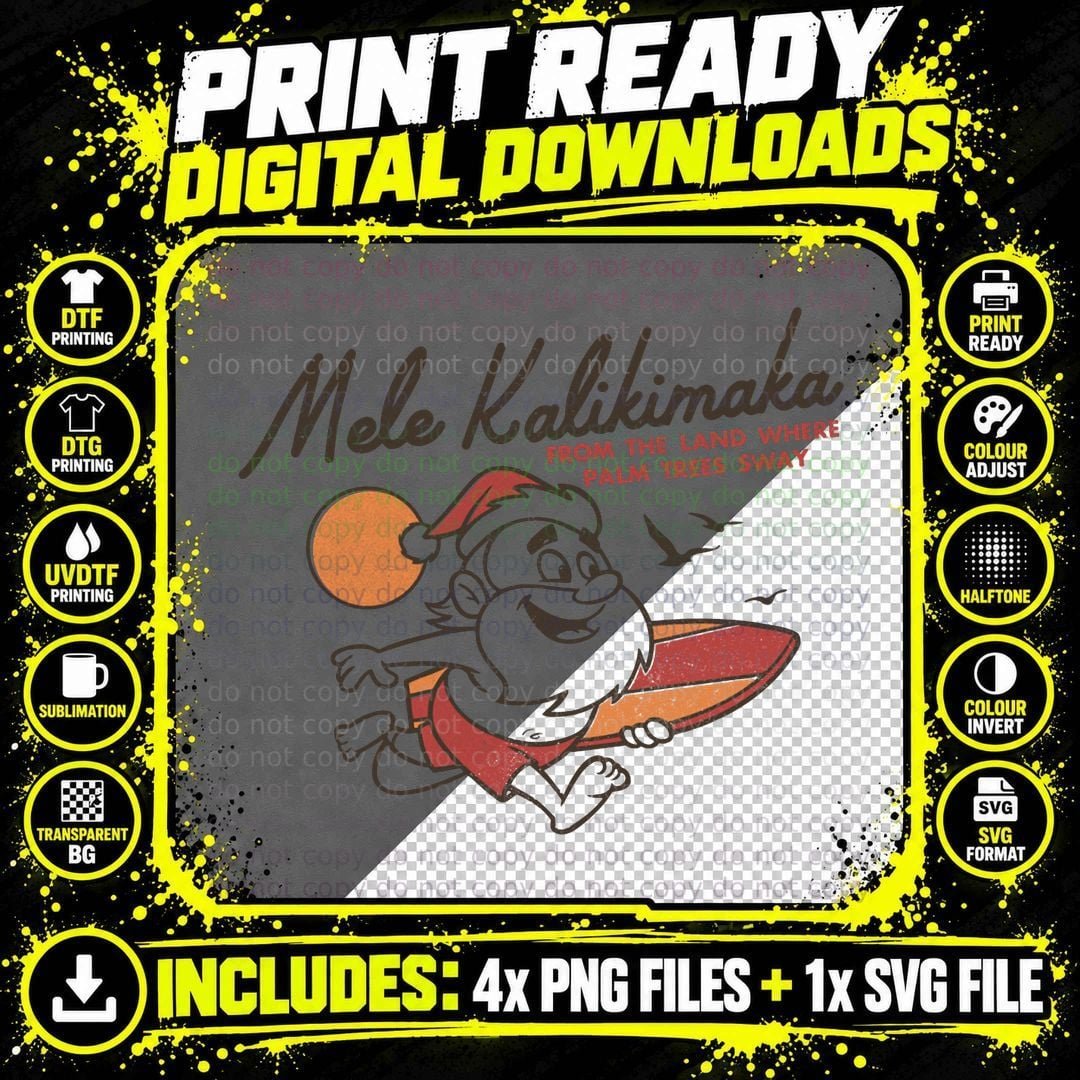 Vintage Cute Mele Kalikimaka Christmas Santa Surfing Png SVG Digital Bundle