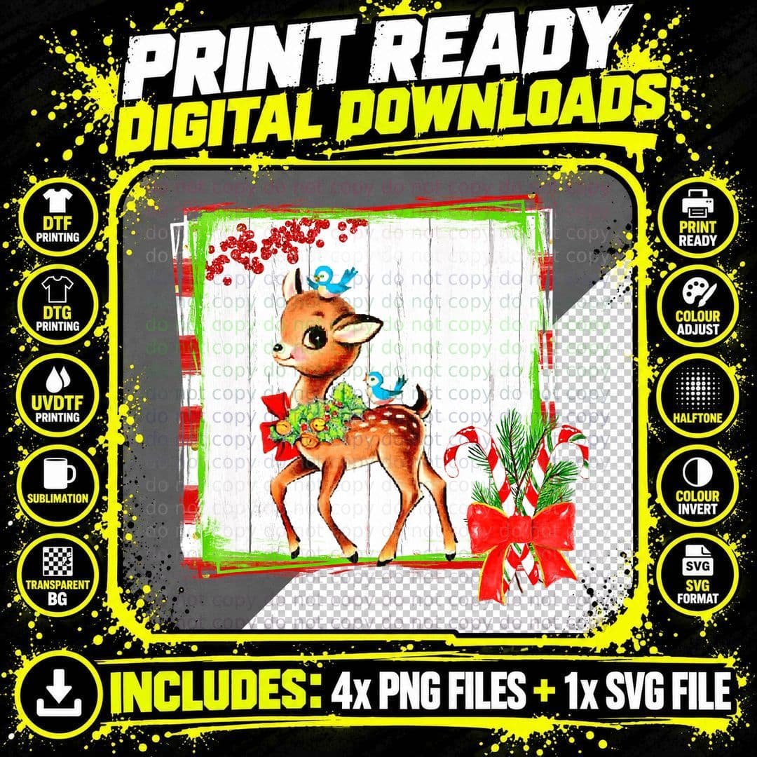 Vintage Reindeer Christmas Design T-Shirt Png SVG Digital Bundle