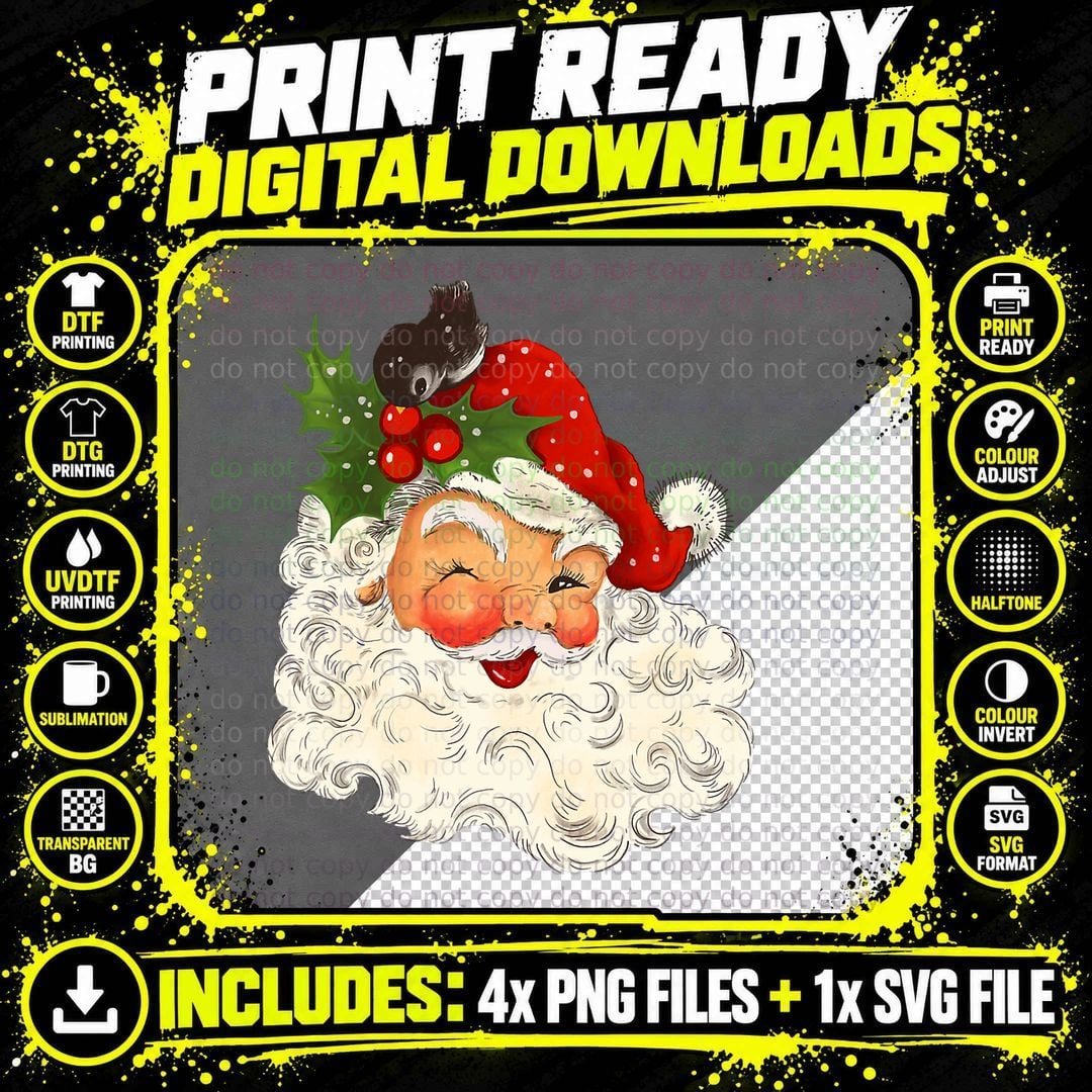 Vintage Winking Santa Claus Christmas Graphic T-Shirt Png SVG Digital Bundle