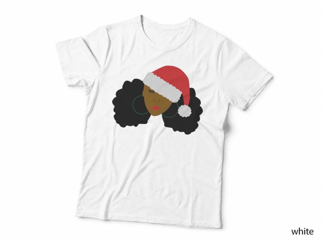 Afro Puff Girl Santa Hat Natural Hair Christmas Hoodie T-Shirt