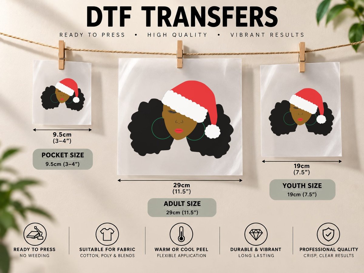 Afro Puff Girl Santa Hat Natural Hair Christmas DTF Transfer Iron On