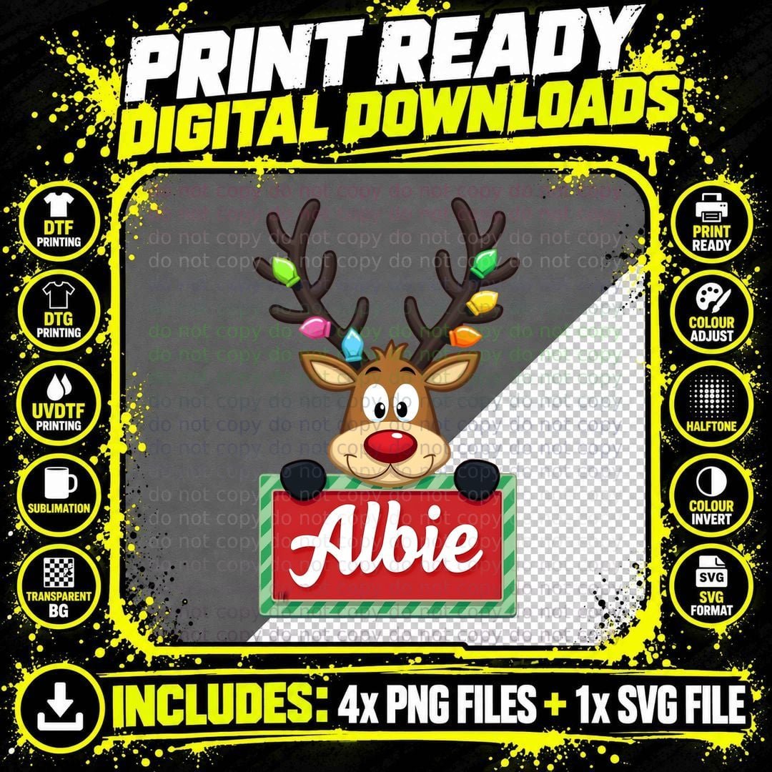 Albie Custom Reindeer Peeking Christmas Kids Lights Png SVG Digital Bundle