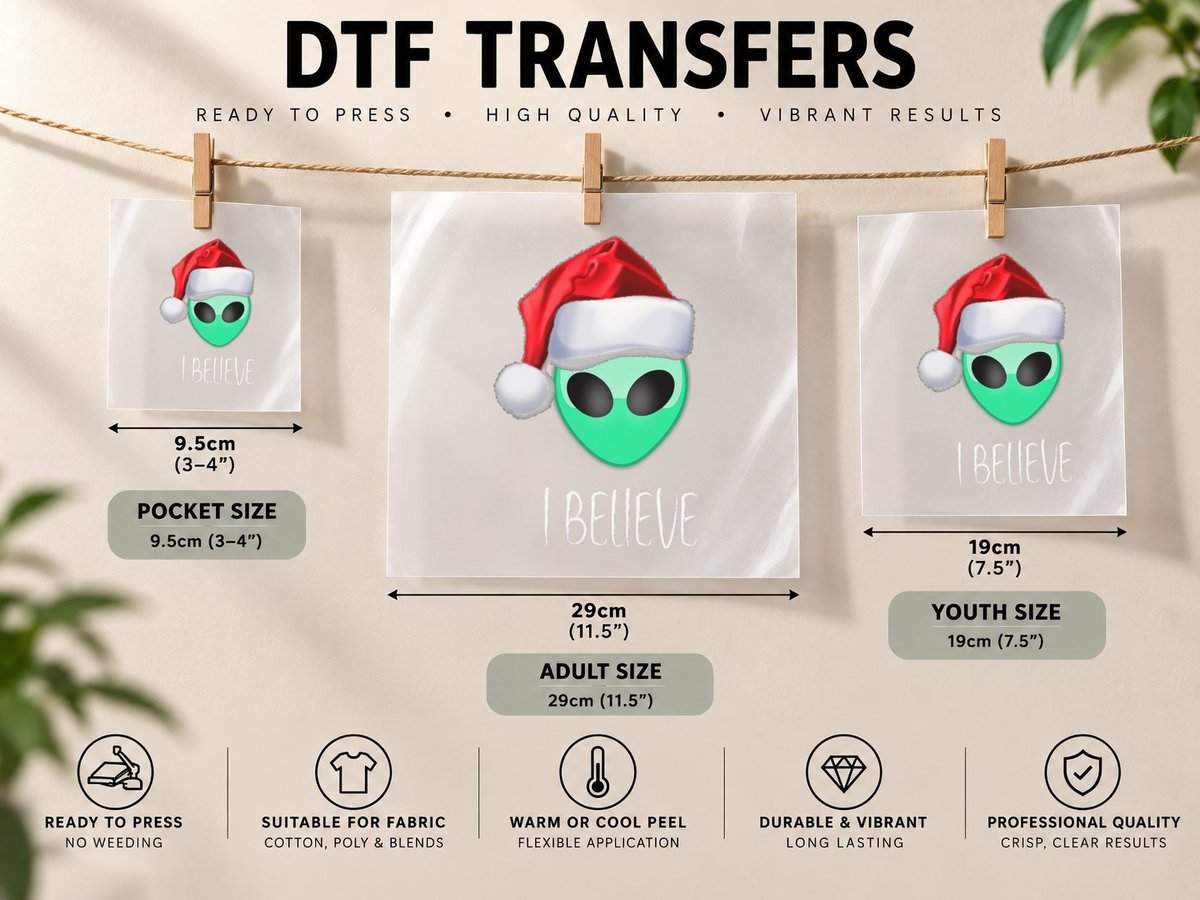 Alien Christmas I Believe Santa Hat UFO Gift DTF Transfer Iron On