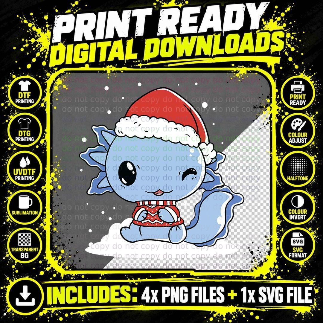 Axolotl Santa Hat Christmas Pajama Cute Animal Winter Png SVG Digital Bundle