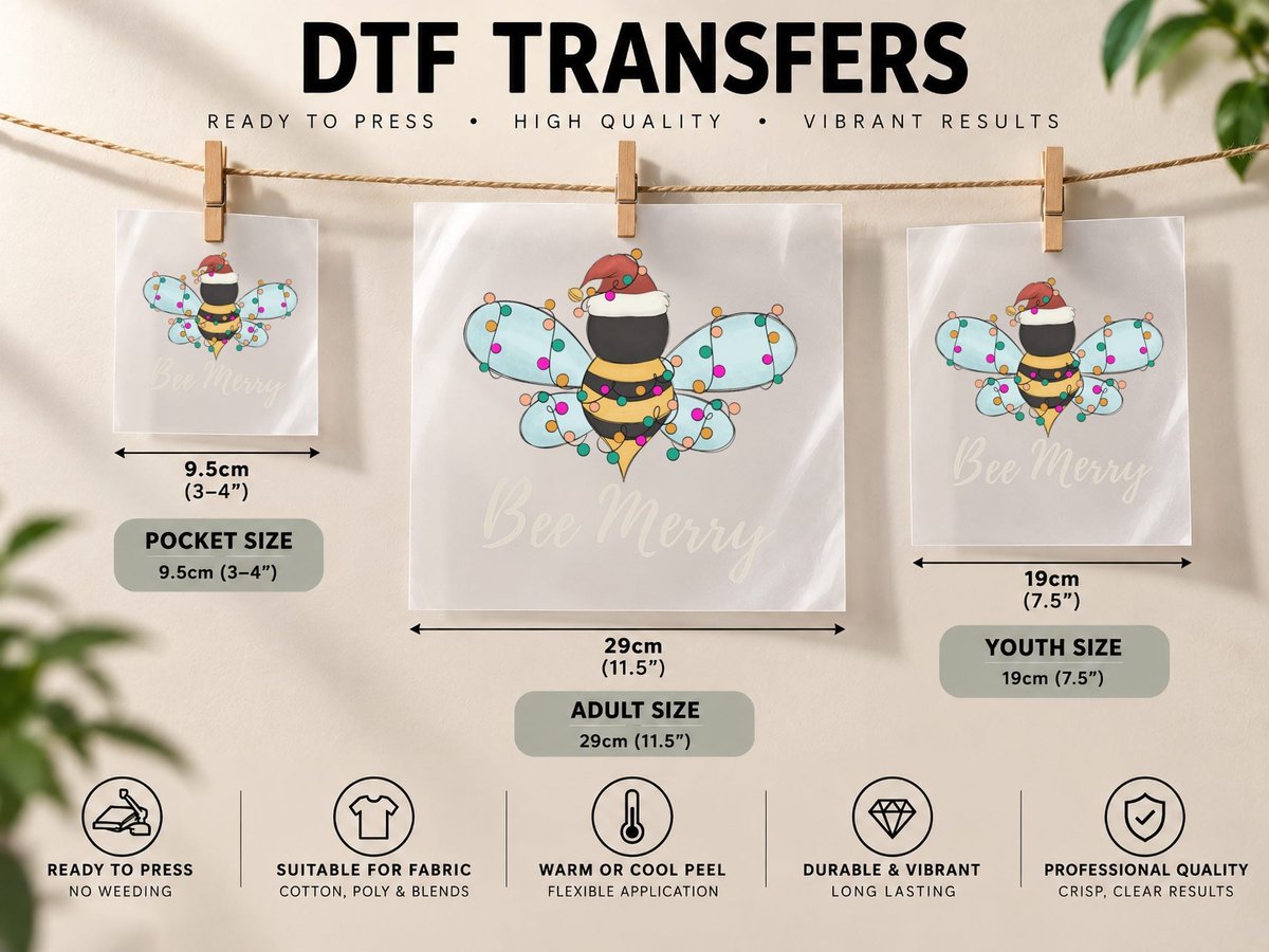 Bee Merry Christmas Bee Wears Santa Hat Xmas Lights DTF Transfer Iron On