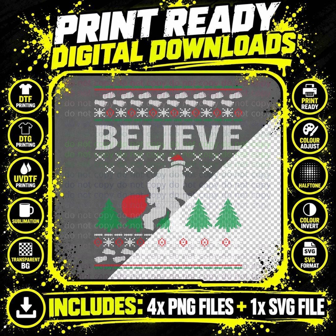 Believe Bigfoot Sasquatch Christmas Ugly Hoodie Pullover Png SVG Digital Bundle