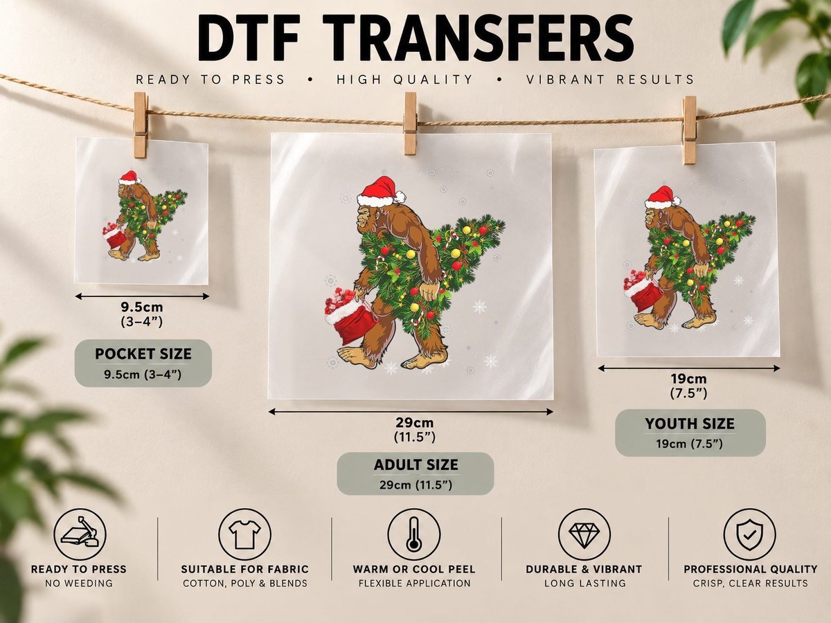 Bigfoot Carrying Christmas Tree Sasquatch Believer Pajama DTF Transfer Iron On