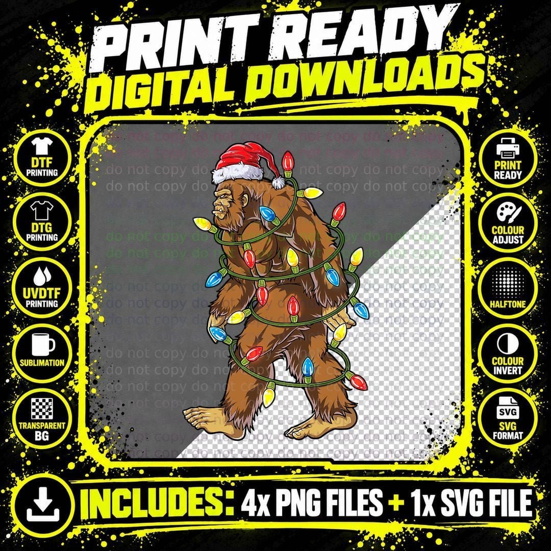 Bigfoot Santa Christmas Tree Lights Xmas Boys Men Png SVG Digital Bundle
