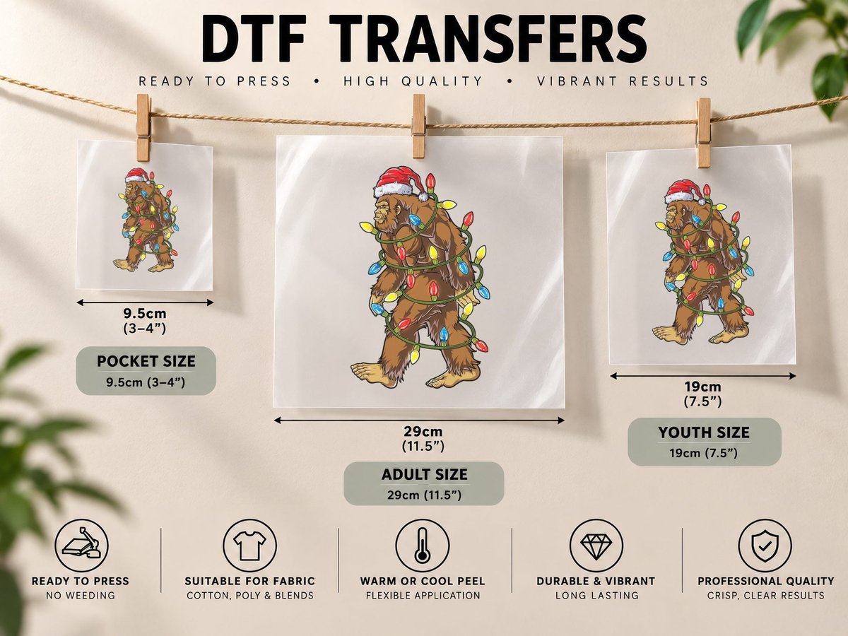 Bigfoot Santa Christmas Tree Lights Xmas Boys Men DTF Transfer Iron On