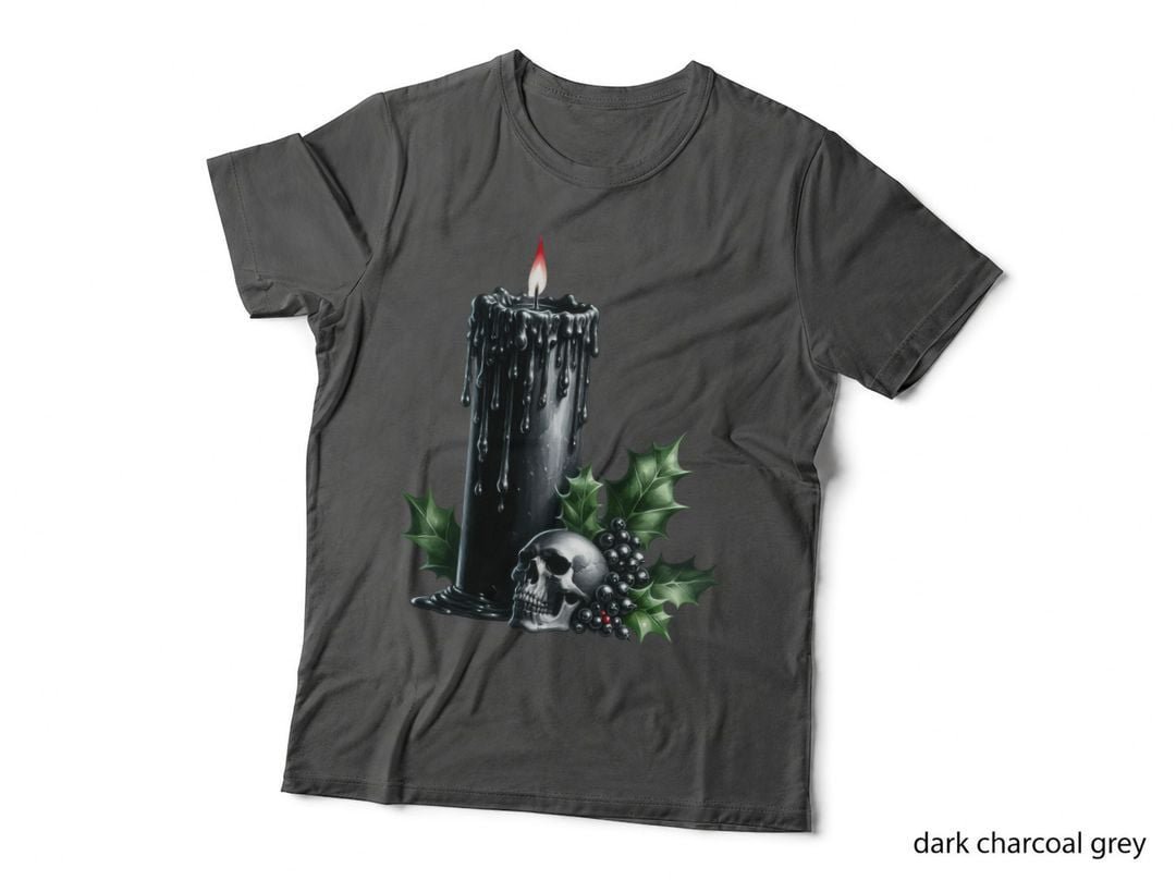 Black Candle Skull Holly Gothic Christmas Dark Holiday Macabre Aesthetic T-Shirt
