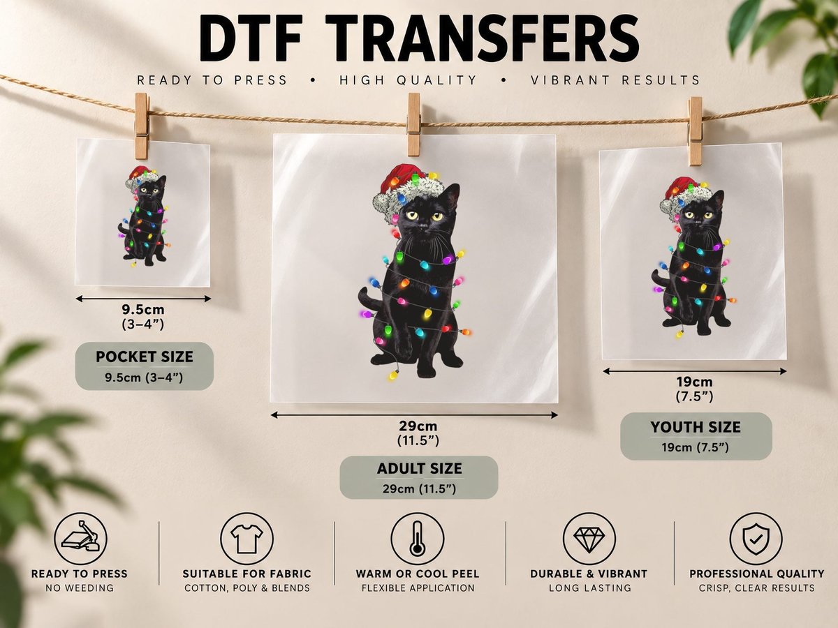 Black Cat Christmas Light Funny Cat Lover Christmas DTF Transfer Iron On