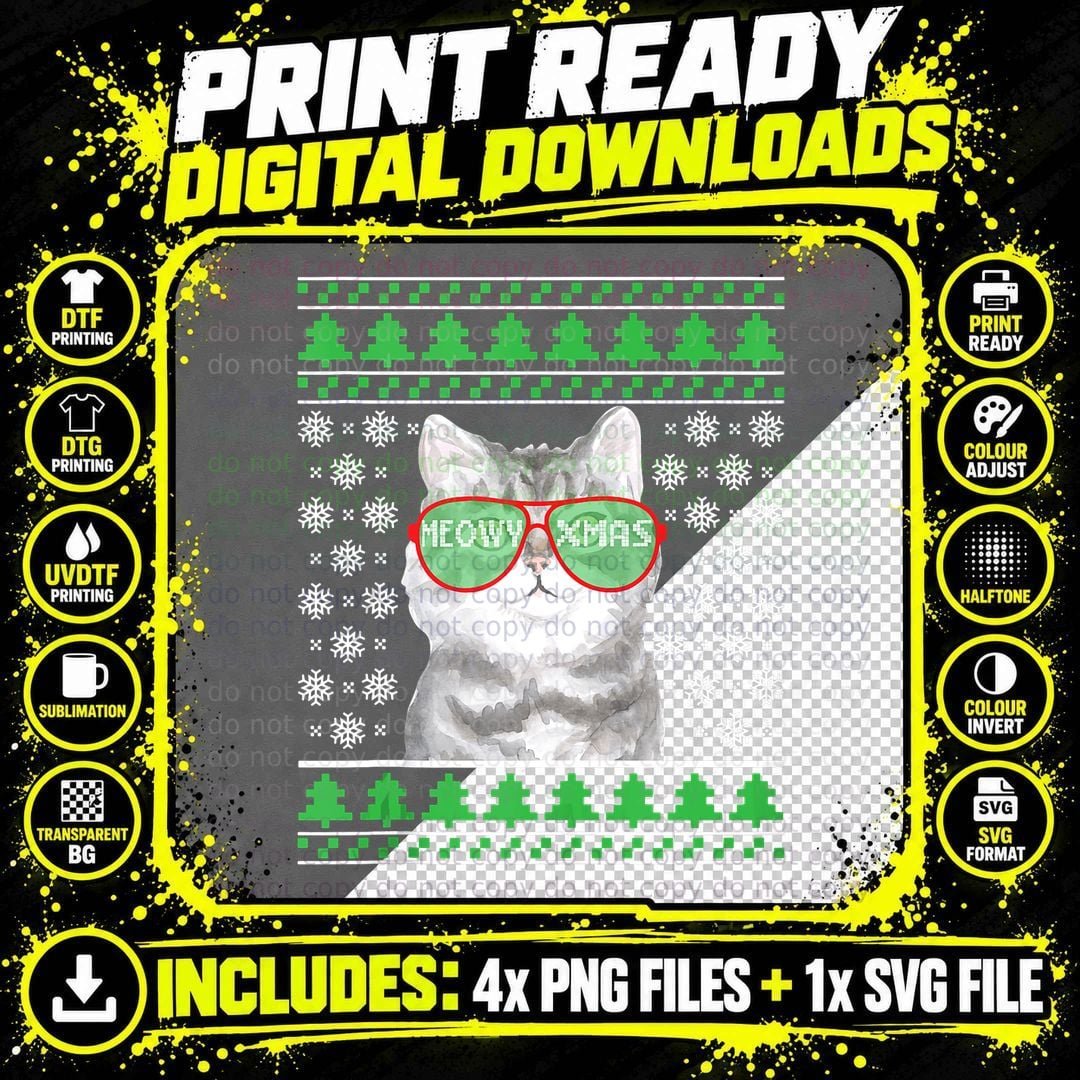 Cat with Sunglasses Meowy Ugly Christmas Sweater Png SVG Digital Bundle