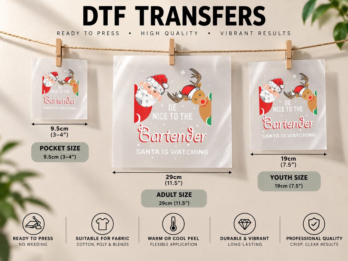 Christmas Be Nice to the Bartender Santa Is Watching DTF Transfer Iron On