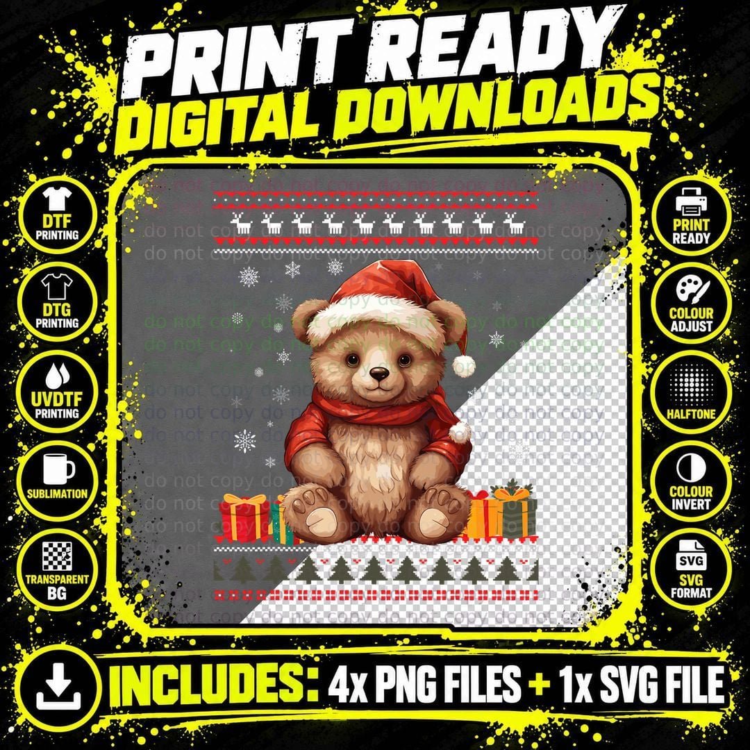 Christmas Bear Santa Hat Men Women Ugly Christmas Png SVG Digital Bundle