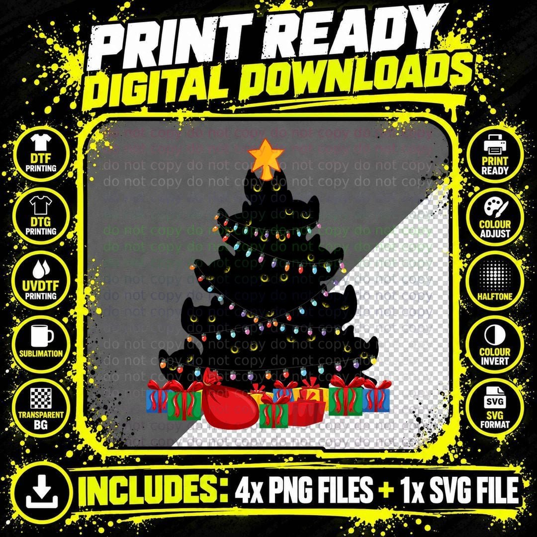 Christmas Cat for Men, Christmas Tree Cat Pajama Women Png SVG Digital Bundle