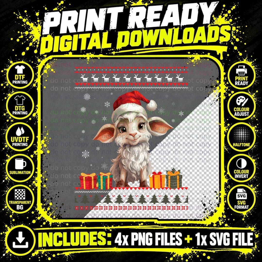 Christmas Goat Santa Hat Ugly Christmas Sweater T-Shirt Png SVG Digital Bundle