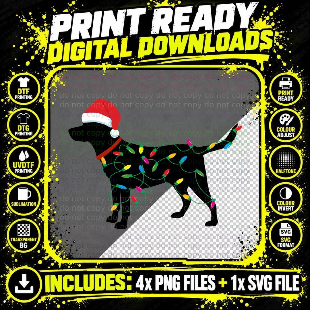 Christmas Labrador Retriever in Santa Hat Xmas Lights Png SVG Digital Bundle