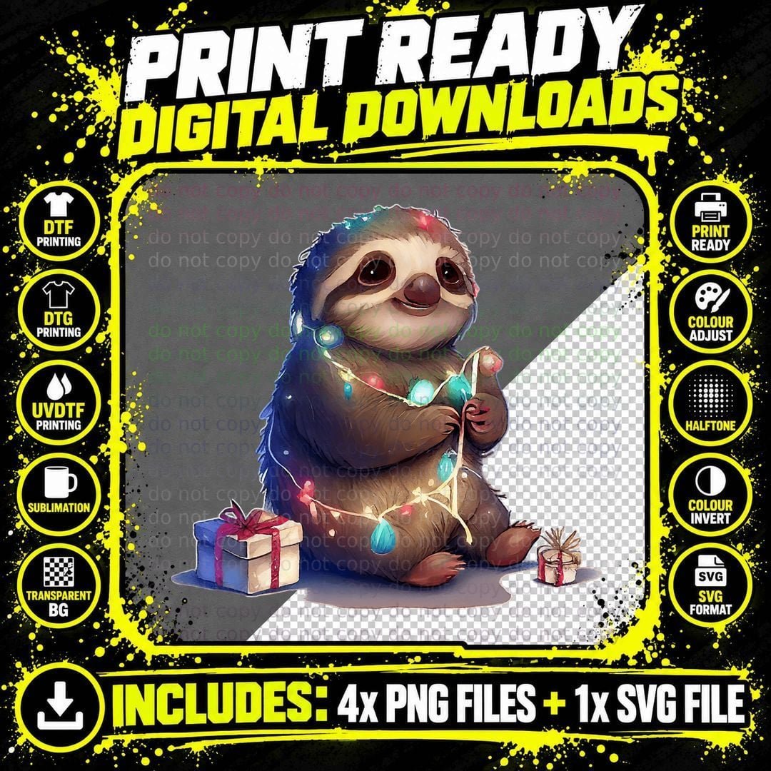 Christmas Lights Sloth Christmas Lights - Sloth Lover Png SVG Digital Bundle