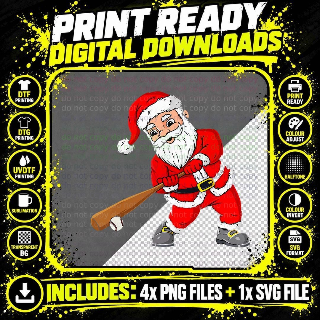 Christmas Santa Claus with Baseball Bat Boys Kids Teens Png SVG Digital Bundle