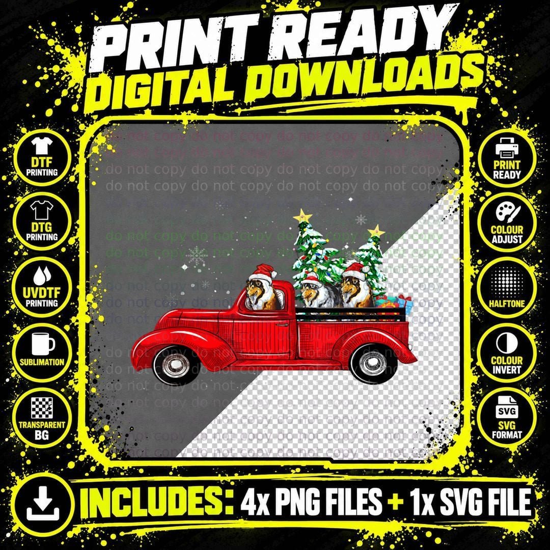 Christmas Tree Rough Collie Dog Driving Xmas Truck Png SVG Digital Bundle