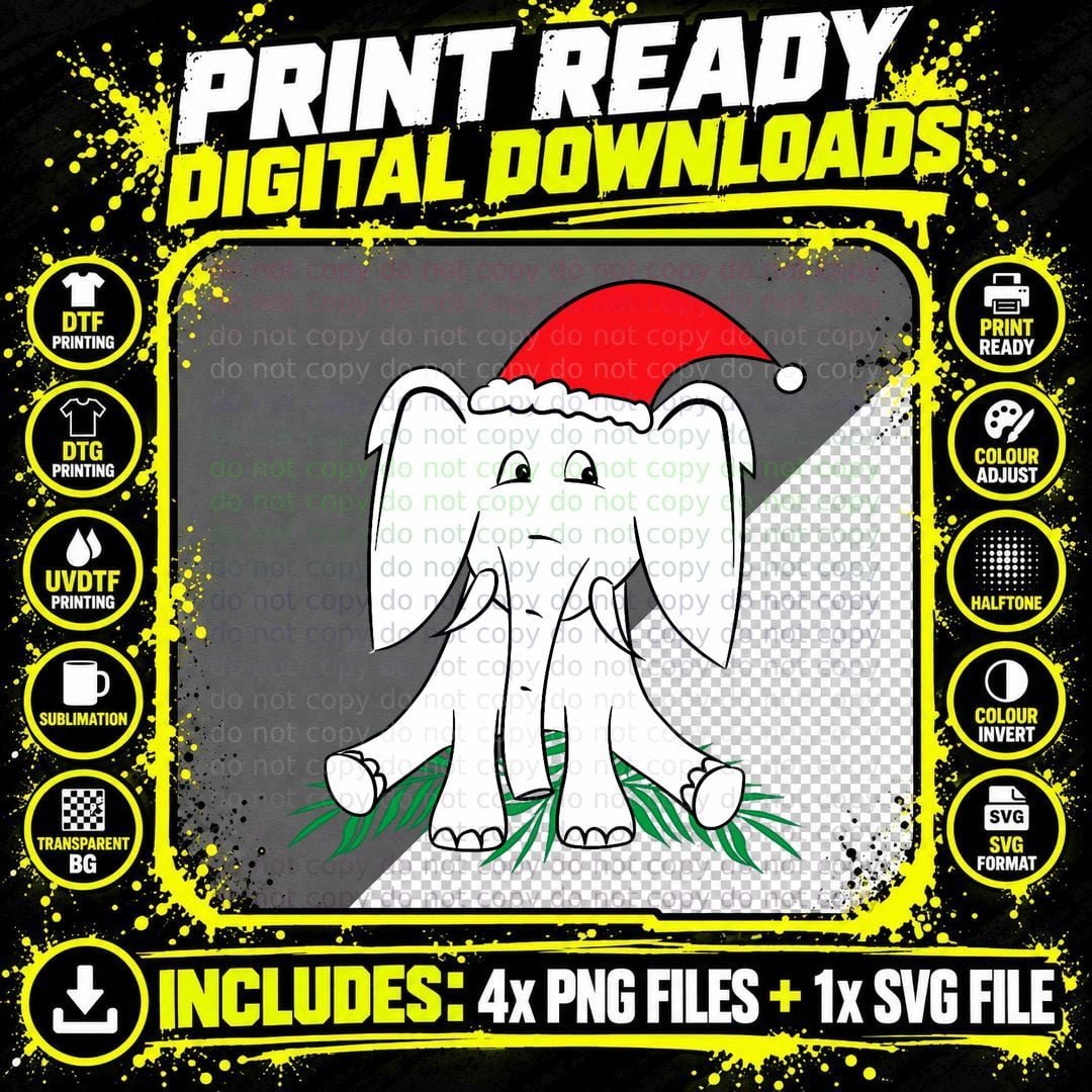 Christmas White Elephant Exchange Elephant Illustration Png SVG Digital Bundle