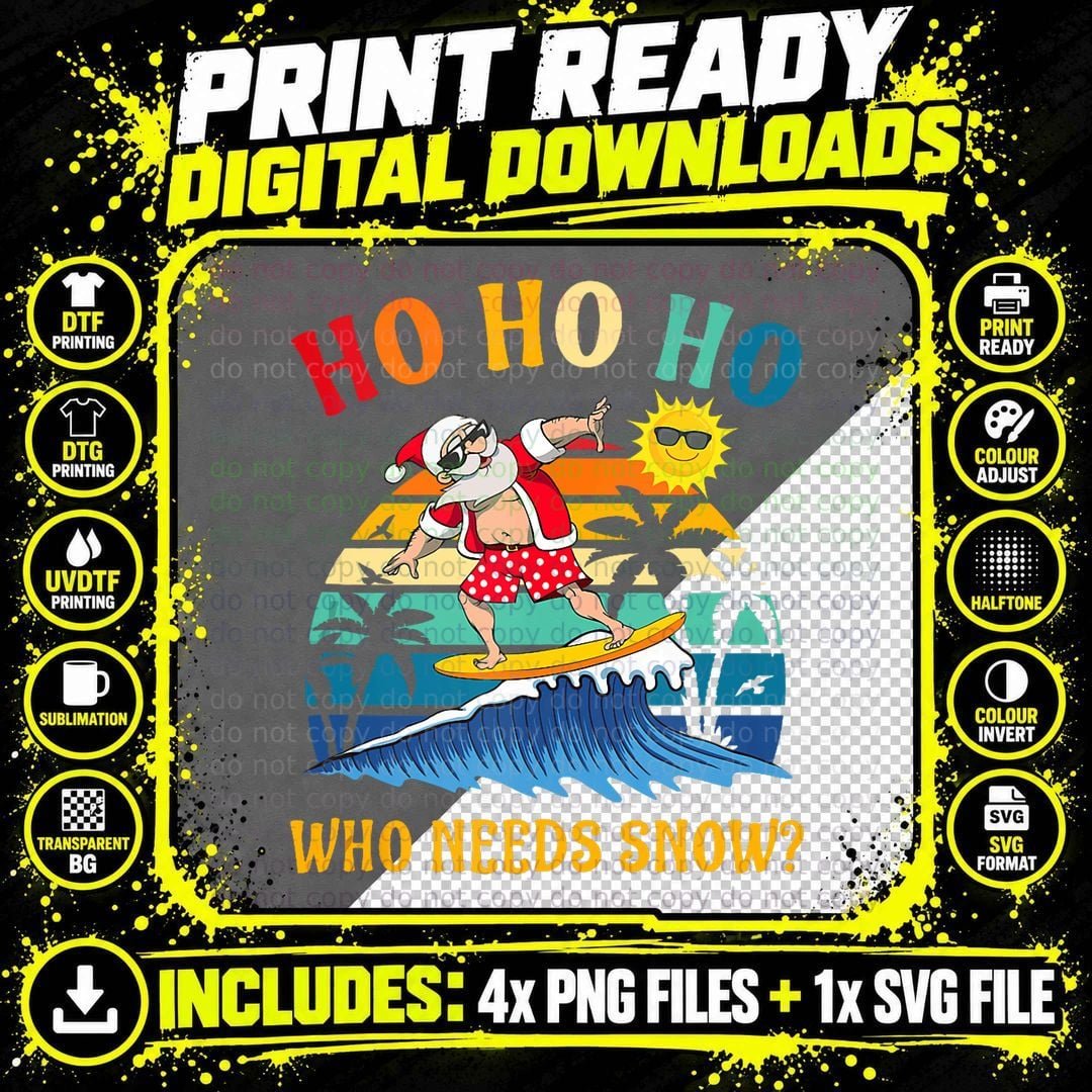 Christmas in July Funny Santa Surfing Summer Beach Png SVG Digital Bundle