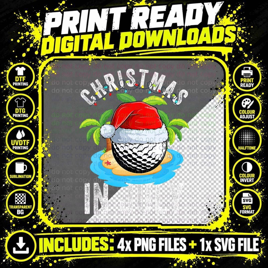 Christmas in July Golf Ball Shirt Santa Hat Summer Png SVG Digital Bundle