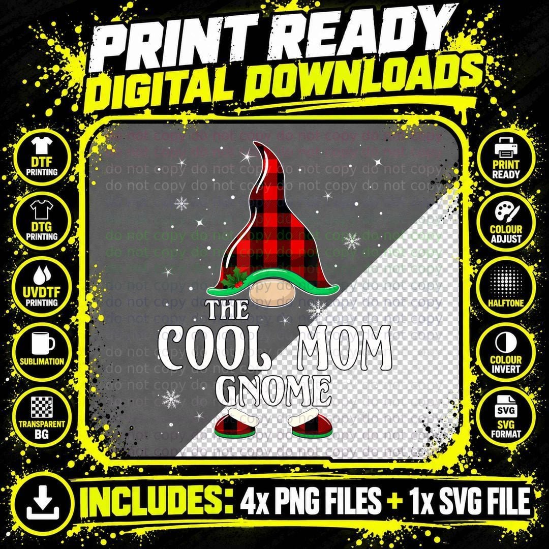 Cool Mom Gnome Buffalo Plaid Matching Family Christmas Png SVG Digital Bundle