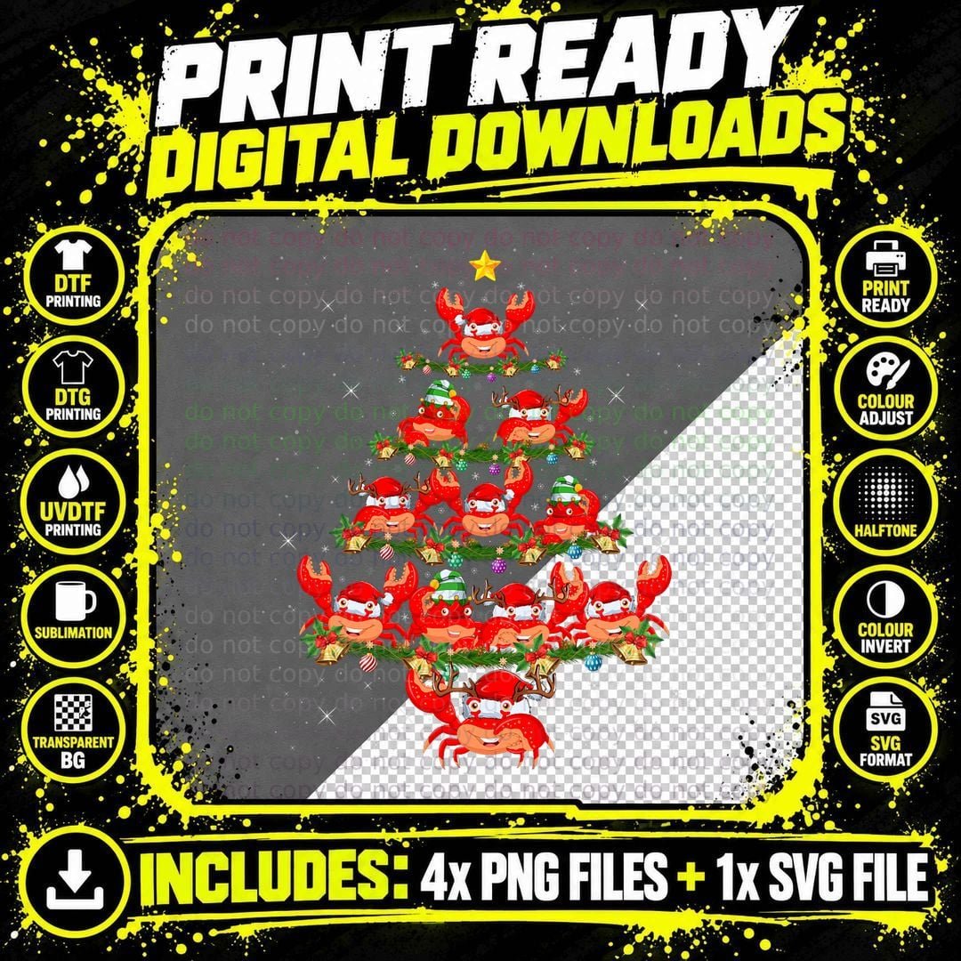 Crab Lighting Xmas Holiday Santa Crab Christmas Tree Png SVG Digital Bundle