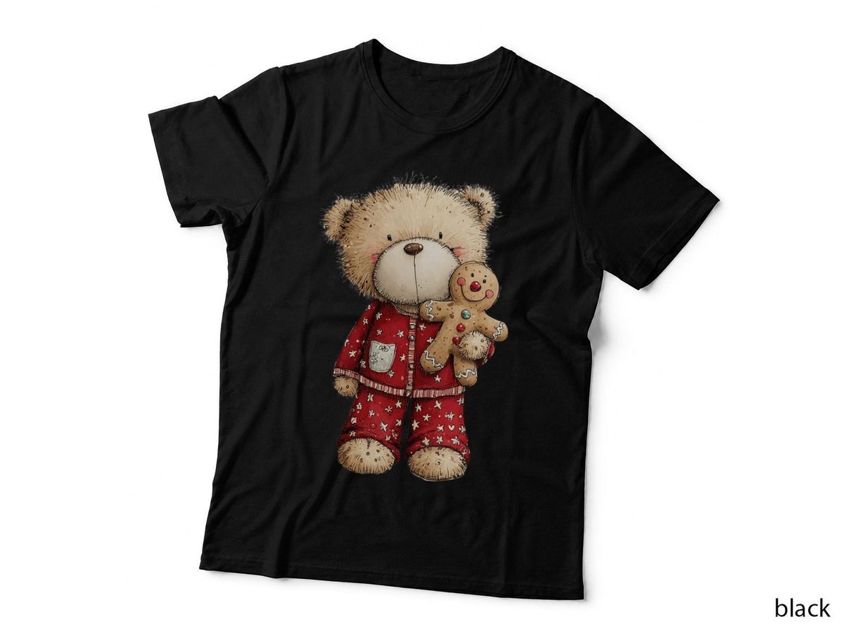 Cute Christmas Teddy Bear Holding Gingerbread Cookie in Red Pajamas T-Shirt