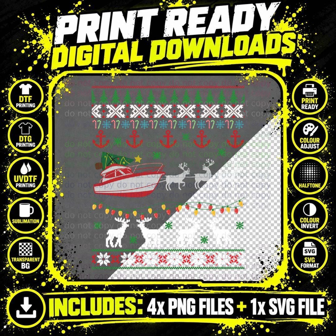Funny Boat and Reindeer Christmas Ugly Sweater Png SVG Digital Bundle