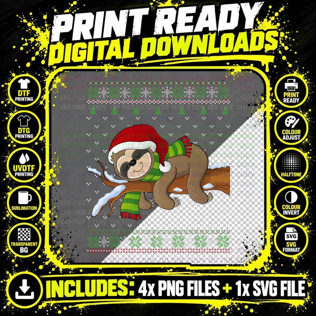 Funny Sloth Lovers Sloth Santa Hat Ugly Christmas Png SVG Digital Bundle