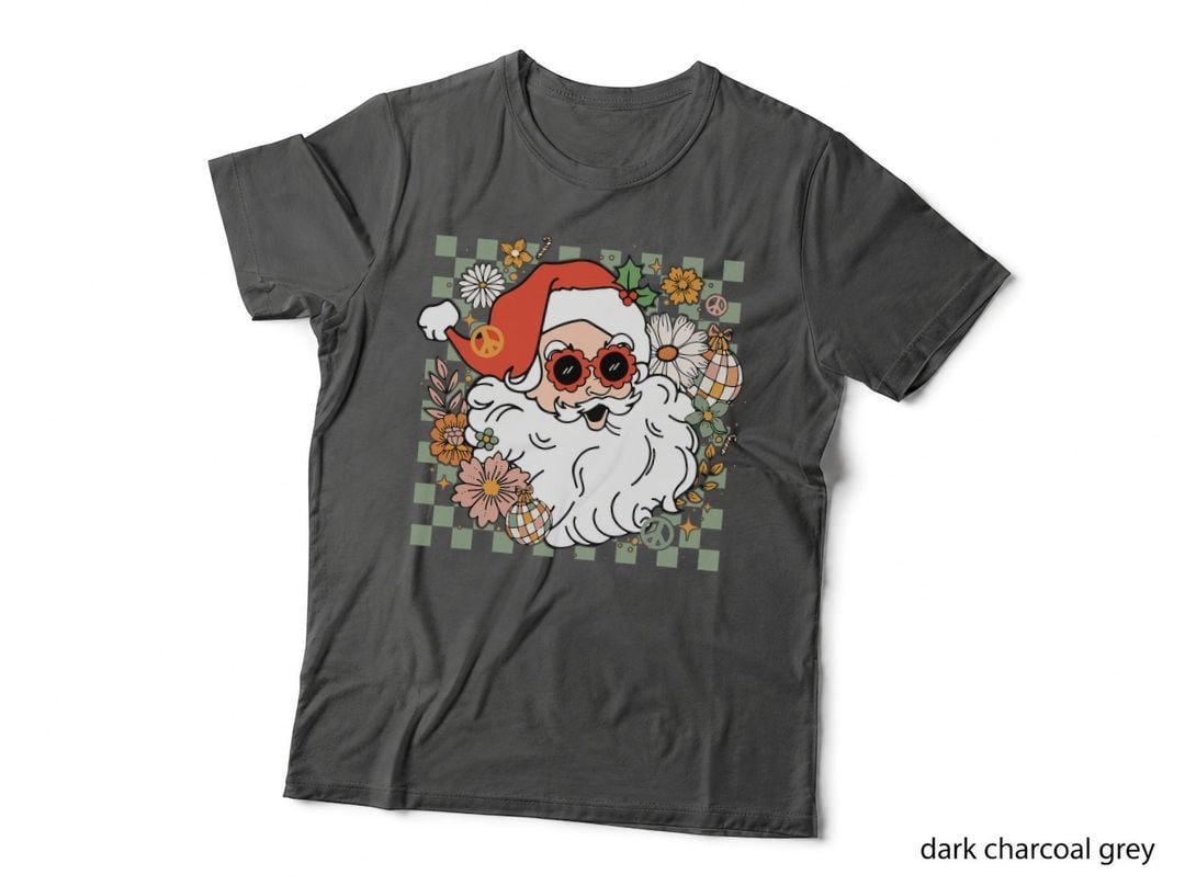 Hippie Santa Claus Retro Disco Checkered Floral Christmas T-Shirt