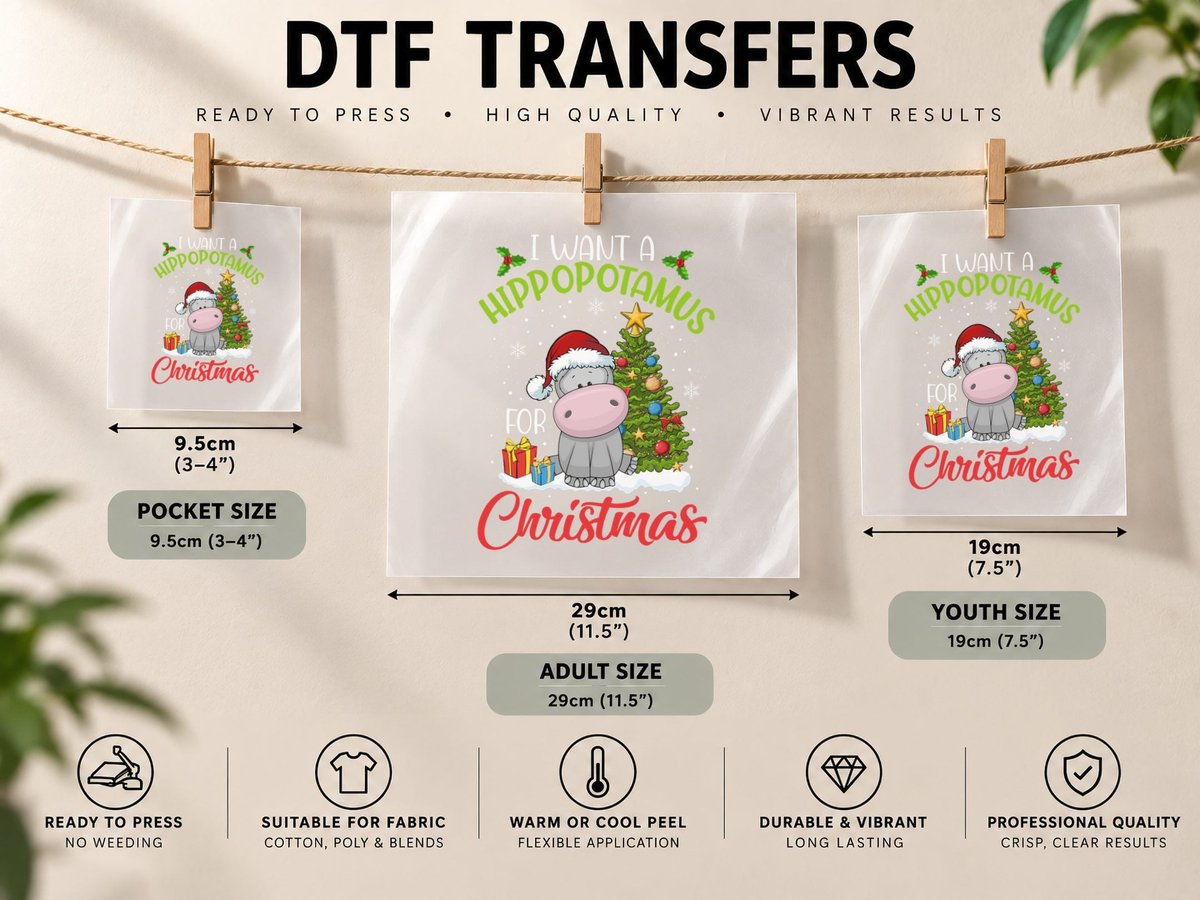 I Want a Hippopotamus for Christmas Xmas Hippo for Kid DTF Transfer Iron On